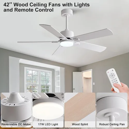 Vista 6 de Ventiladores de techo de 42 pulgadas con luces y control remoto, moderno ventilador de techo blanco con luz para dormitorio interior, 5 cuchillas