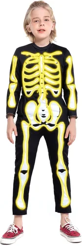 Vista 4 de HSCTEK Disfraz de esqueleto iluminado para niños, disfraz LED de Halloween Verde