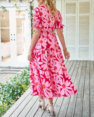 Vista 5 de BTFBM Vestido bohemio de verano 2025 para mujer, con lazo frontal, cuello en V profundo, recortado, manga corta, casual, fiesta, floral, playa, maxi