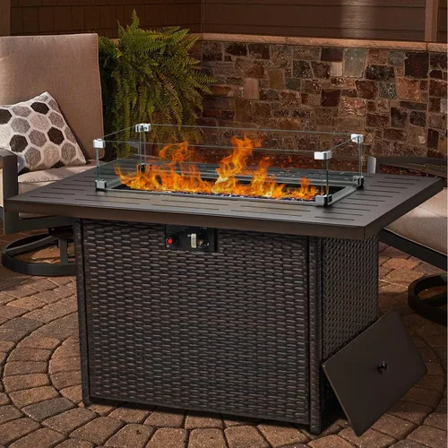 Vista 8 de LayinSun Mesa para fogata de gas propano de 44 pulgadas, 55000 BTU rectangular con protector de viento de vidrio para patio exterior, terraza
