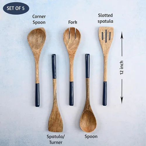 Vista 2 de Juego de 5 cucharas de madera para cocinar o utensilios de cocina, 12 pulgadas de largo (azul sólido)