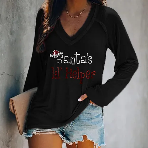 Vista 3 de Camiseta de manga larga con cuello en V para mujer, estilo casual, ligera, holgada, suave, novedosa, estampada