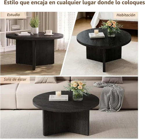 Vista 8 de Luoxiao Mesa de Centro de 27.5'' para Espacios Pequeños, Mesa Moderna Minimalista para Sala de Estar, Mesa Auxiliar Redonda Pequeña Duradera y Negro