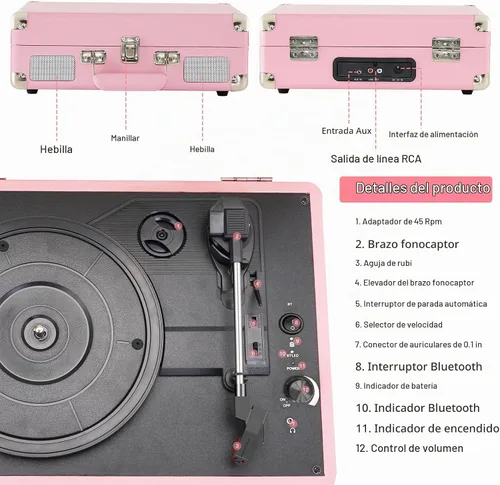 Vista 4 de Reproductor de discos de vinilo rosa de 3 velocidades portátil en maleta con altavoces duales integrados, gramófono Bluetooth con batería
