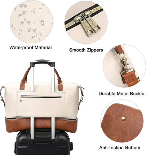 Vista 6 de CLUCI Bolsa de fin de semana para mujer, de cuero, grande, con compartimento para zapatos, Beige con marrón.