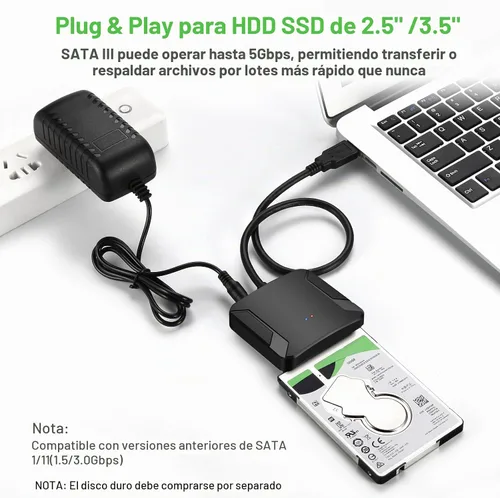 Vista 4 de Adaptador SATA a USB 3.0 para lector de disco duro SSD HDD de 2.5" 3.5