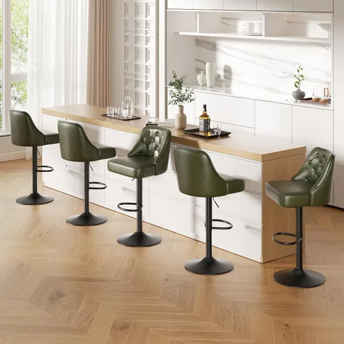 Vista 39 de Juego de 2 taburetes de bar, taburete de bar ajustable con respaldo, sillas de bar tapizadas de piel sintética, taburetes de bar giratorios modernos