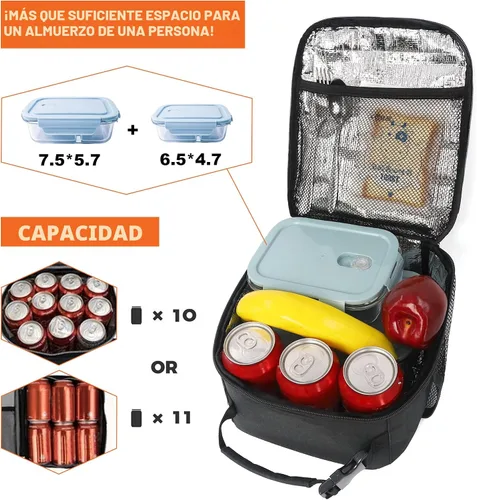 Vista 3 de Femuar Bolsa de almuerzo para hombres, mujeres y adultos, pequeña para oficina, trabajo, picnic, bolsa de almuerzo portátil reutilizable, color negro