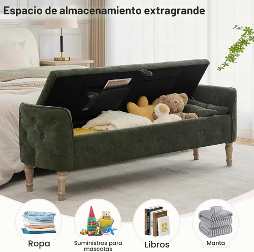 Vista 3 de Banco de almacenamiento tapizado de 67 pulgadas, tamaño King, color verde