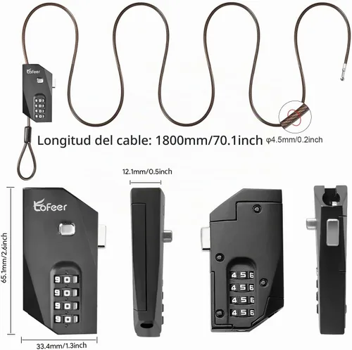 Vista 4 de Cerradura de cable de combinación de 4 dígitos, bloqueo de cable de acero recubierto de PVC de 70 pulgadas con cuerpo de aleación de zinc, 10,000