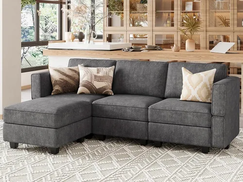 Vista 14 de Belffin Sofá seccional modular de tela en forma de U Sofá seccional doble diván Sofá otomano convertible con almacenamiento negro