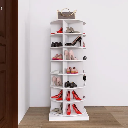 Vista 8 de HomVent Zapatero giratorio, torre giratoria de madera de 6 niveles, organizador de zapatos giratorio de 360°, estante de almacenamiento de zapatos