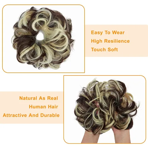 Vista 3 de Extensiones de moño de pelo desordenado, rizado, ondulado, desordenado, sintético, postizo de pelo para mujeres Mezcla de marrón negro y rubio