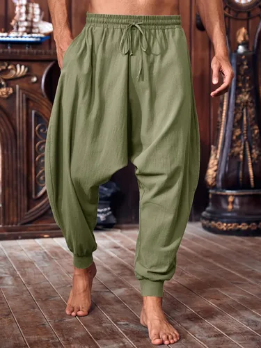 Vista 2 de PASLTER Pantalones piratas medievales para hombre, disfraz de navegante vikingo, renacentista, Halloween, gótico, informal, pantalones harén