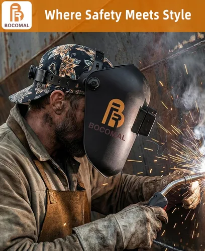 Vista 2 de BOCOMAL Gorro de Soldadura Resistente al Fuego CAT2 de Peso Medio con Estampado, Gorras de Soldador de 6 Paneles - Juego de 2