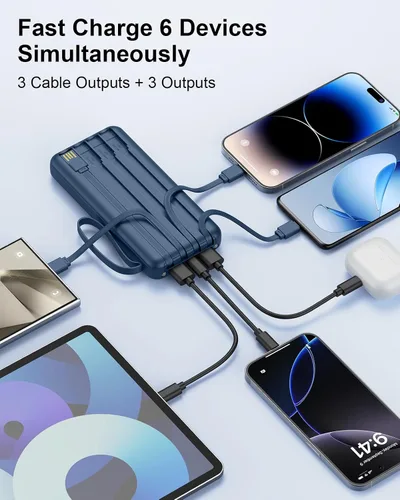 Vista 5 de Cargador portátil con cables incorporados, delgado 10000mAh carga rápida 22.5W banco de energía USB C pantalla LED paquete de batería 6 salidas y 2