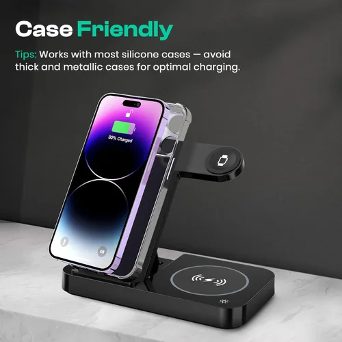 Vista 4 de Estación de carga inalámbrica 4 en 1 para iPhone, Apple Watch y AirPods - Cargador inalámbrico para iPhone Series 16/15/14/13/12 - Apple iWatch Negro