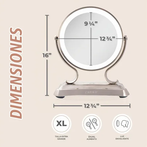 Vista 3 de Zadro Espejo de maquillaje LED Glamour de 12 pulgadas con luces y aumento, espejo de control táctil 5X/1X con luces para escritorio de maquillaje