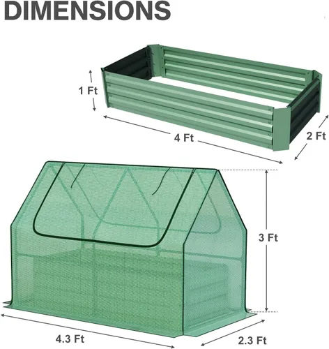 Vista 2 de Aoodor Kit de invernadero elevado de 4 pies x 2 pies x 1 pie con cama metálica elevada con 2 puertas enrollables con cremallera, para verduras