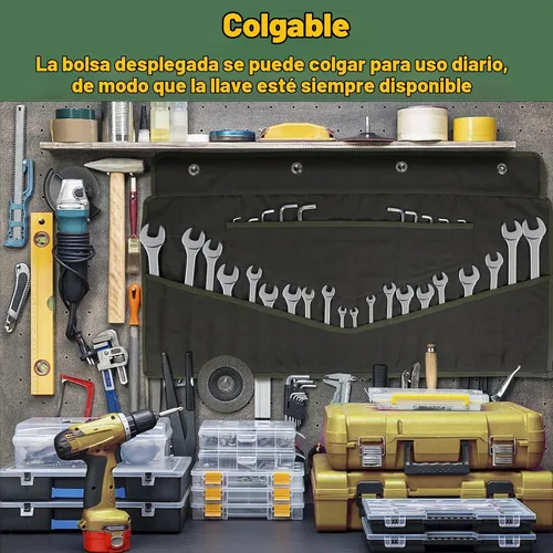 Vista 6 de Rollo de llaves de 30 bolsillos, resistente de 16 onzas. Bolsa organizadora de llaves de lona encerada para llaves métricas y SAE, bolsa de llaves