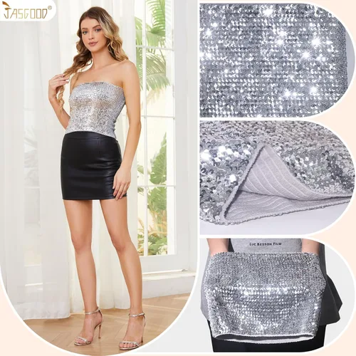 Vista 4 de JASGOOD Tops cortos de lentejuelas brillantes para mujer, tops de tubo metálicos sin tirantes, corsé de sirena con purpurina para fiesta y club