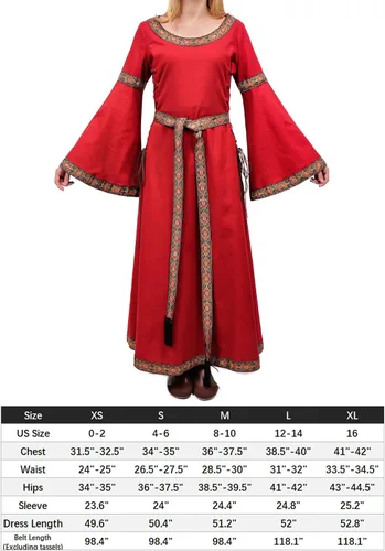 Vista 3 de KUOIN Women's Renaissance Embroidered Dress, Long Sleeve Lace-up Viking Queen Cosplay Costume with Belt for Wedding Prom