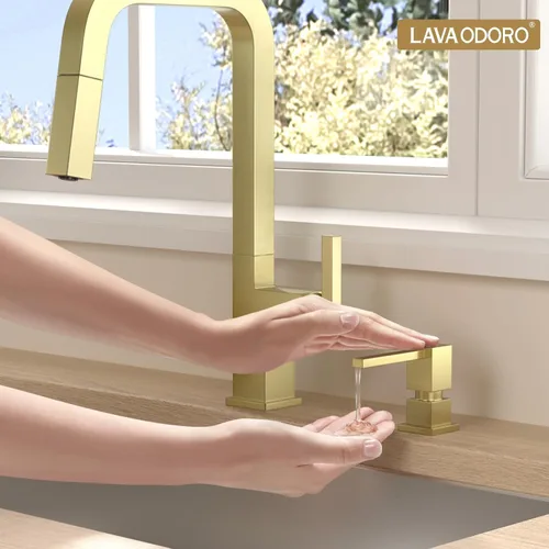 Vista 4 de Lava Odoro Dispensador de jabón para fregadero de cocina, dispensador de jabón dorado para fregadero, moderno y cuadrado integrado para fregadero