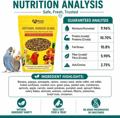Vista 5 de Birds LOVE Natural Garden Blend - Alimento para pájaros pequeños, 2 libras, empaquetado a mano en Estados Unidos, mezcla natural con frutas