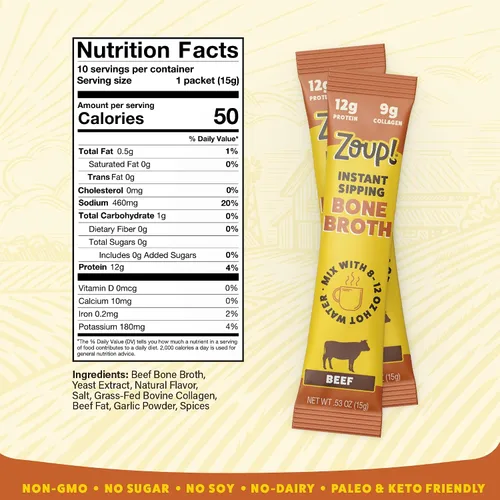 Vista 2 de Zoup! Mezcla de caldo de huesos para sorber instantáneo, carne de res, 0.53