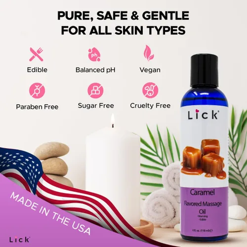 Vista 7 de Lick Aceite de masaje con sabor a caramelo, aceite de masaje comestible de postre cálido con vitamina E, textura suave y segura para el cuerpo