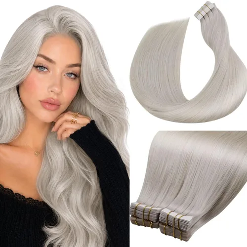 Vista 100 de LaaVoo - Extensiones de cabello humano con cinta adhesiva, color marrón a rubio ceniza, extensiones de cabello humano real, cintas en extensiones