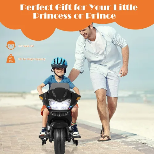 Vista 6 de HONEY JOY Motocicleta para niños de 12 V, vehículo eléctrico a batería para niños, ruedas de entrenamiento, luces LED, pedal de pie, suspensión