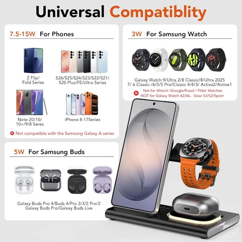 Vista 2 de Cargador inalámbrico para Samsung Galaxy Watch 9/Ultra2, luz nocturna 2-Negro