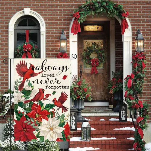 Vista 2 de AVOIN colorlife - Banderola conmemorativa de jardín "Siempre amado, nunca olvidado", para exteriores, diseño de cardenal y poinsettia navideña, 30,5