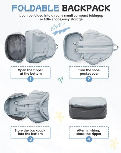 Vista 4 de BJLFS Mochila de gimnasio para mujeres y hombres con compartimento expandible para zapatos, mini mochila plegable para exteriores, bolsa
