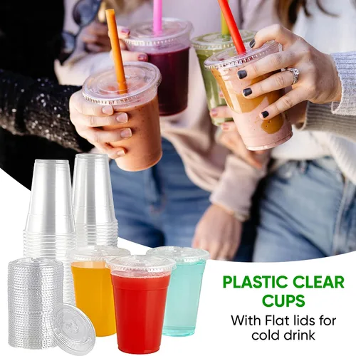 Vista 3 de Green Direct Vasos de plástico ultra transparentes con tapas planas para café helado, batido de té Boba (100, 10 onzas)