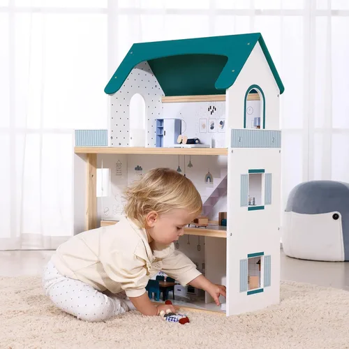 Vista 2 de OOOK Casa de muñecas de madera con elevador elevable, casa de muñecas moderna de 2.6 pies de alto para niños pequeños, incluye 21 muebles, 4 muñecas