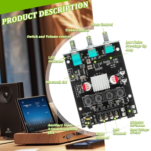 Vista 3 de Placa de amplificador Bluetooth de 50W+50W con control de agudos y graves, chips TPA3116D2, DC 9-24V, entradas BT y AUX, amplificador estéreo de 2.0