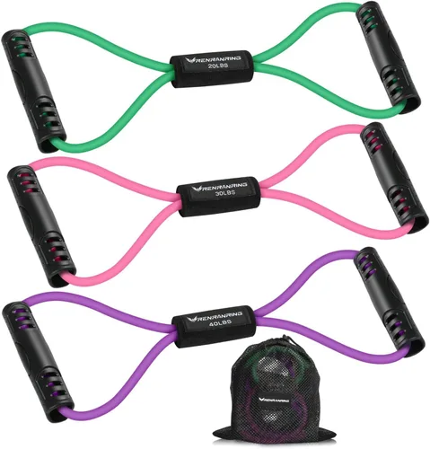 Vista 9 de RENRANRING Bandas de Resistencia de Fitness en Forma de 8 con Asas - Juego de 3 Bandas de Tubo de Ejercicio para Estiramiento de Brazos y Hombros