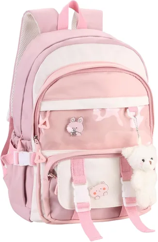 Vista 9 de Phaoullzon Mochila Kawaii para niñas, mochila escolar linda de anime con alfileres y colgante, Beige, Mediana, Moderno