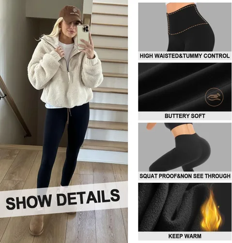 Vista 5 de GROTEEN Leggings con forro polar para mujer, cintura alta, control de abdomen, sin costuras, pantalones de yoga térmicos, para entrenamiento