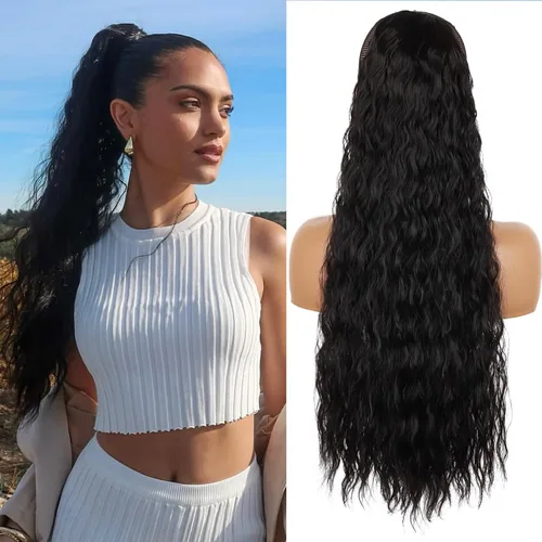 Vista 12 de Extensión de cola de caballo larga y rizada para mujeres/niñas, 26 pulgadas de alto, con cordón, extensiones de cabello con clip, extensiones