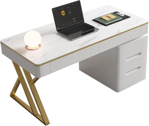Vista 8 de Escritorio de computadora de 47 pulgadas con toma de corriente extraíble, escritorios de oficina en casa con 2 cajones resistentes, escritorio