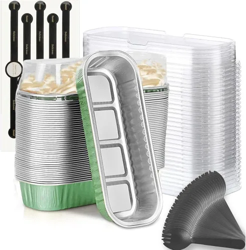 Vista 21 de Findful Mini Moldes para Hornear Pan con Tapas y Cucharas (Paquete de 50, 6.8oz) Moldes Rectangulares de Papel de Aluminio para Hornear Recipientes