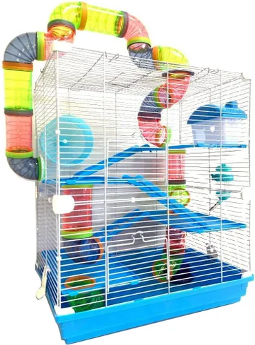 Vista 6 de Rosa Grande Torre Doble de 5 Pisos Hábitat para Hámster Mansión Roedores Jerbos Ratones Pequeños Hogar Jaula con Tubo de Cruce Superior Expandible