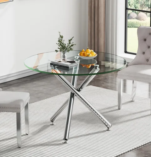 Vista 15 de Mesa de comedor redonda de vidrio de 36 pulgadas para 2-4 personas, patas de metal negro resistentes, mesa de cocina redonda de vidrio