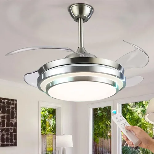 Vista 10 de Ventilador de techo de 42 pulgadas con luz y altavoz Bluetooth, moderno ventilador de techo retráctil plateado con control remoto, 3 cambios