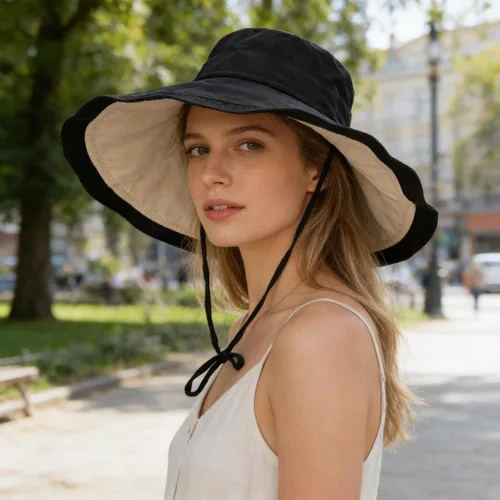 Vista 5 de Sombrero de sol de ala grande para mujer, protección UV, sombrero de pesca para playa, gorra para exteriores Negro/Beige