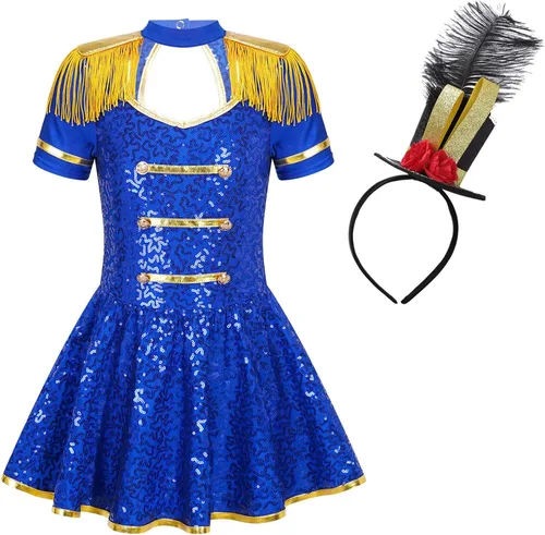 Vista 6 de MSemis Disfraz de Majorette de lentejuelas para niñas, con borlas, gorra de línea A, vestido de uniforme de maestro de anillos real