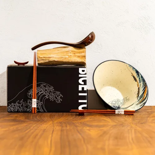 Vista 8 de BICETTO Juego de cuencos japoneses para ramen con gran diseño de ola, cuencos de cerámica grandes de 60 onzas, cucharas, palillos para ramen, Pho